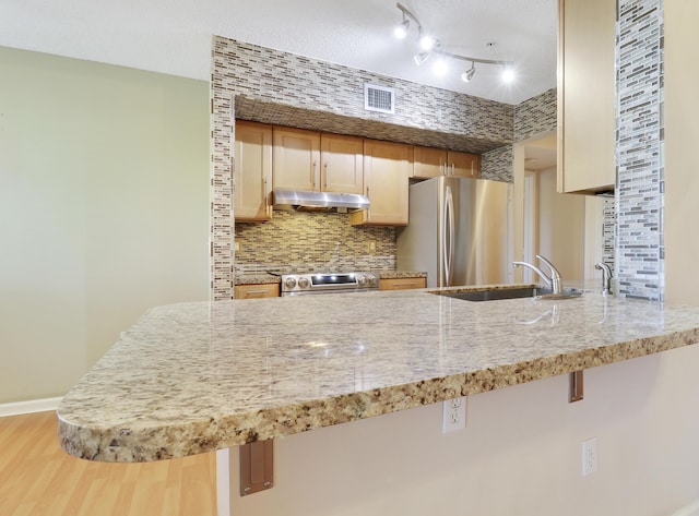 kitchen featuring decorative backsplash, appliances with stainless steel finishes, a sink, light stone countertops, and under cabinet range hood