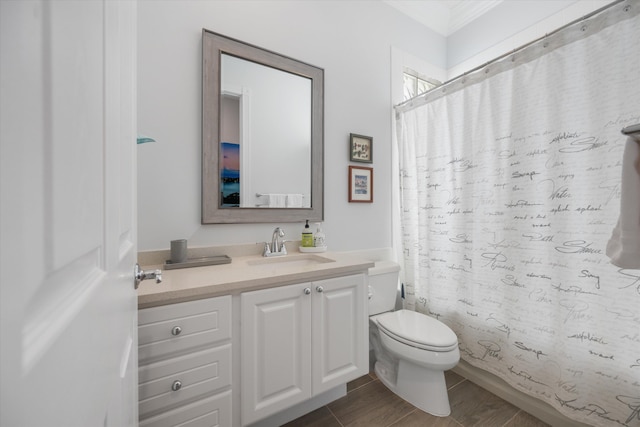 bathroom featuring toilet, vanity, and wood finished floors