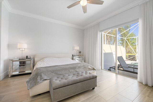 bedroom with access to exterior, wood finished floors, ceiling fan, and ornamental molding