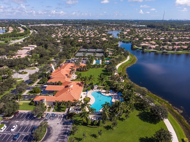 bird's eye view with a water view