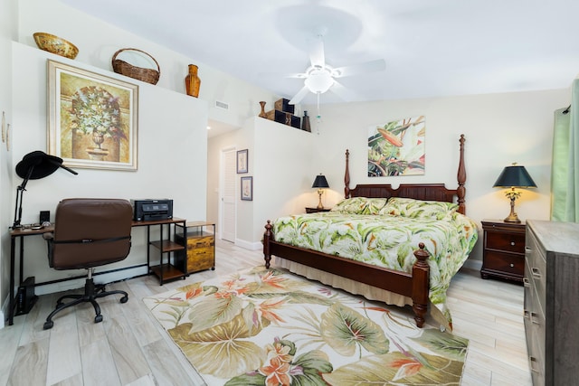 bedroom featuring light wood finished floors, baseboards, visible vents, and a ceiling fan