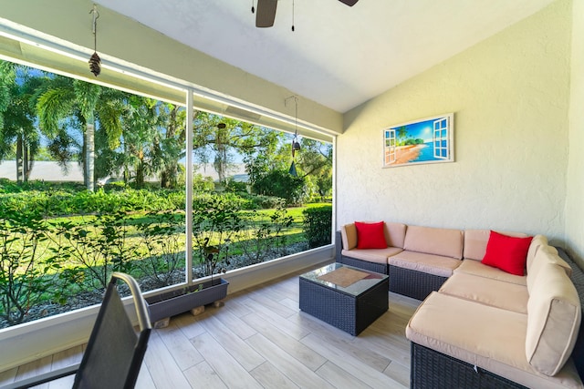 2433 SW Foxpoint Trl, Palm City, FL 34990 - sunroom featuring lofted ceiling, a ceiling fan, and an outdoor hangout area
