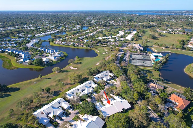 aerial view with a water view and a residential view