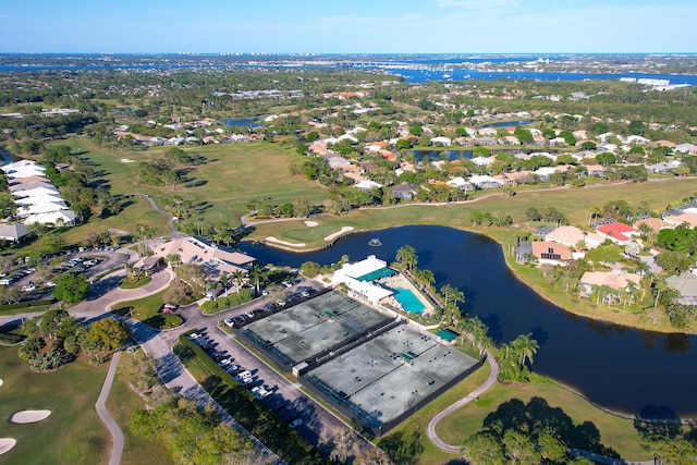 aerial view featuring a residential view and a water view