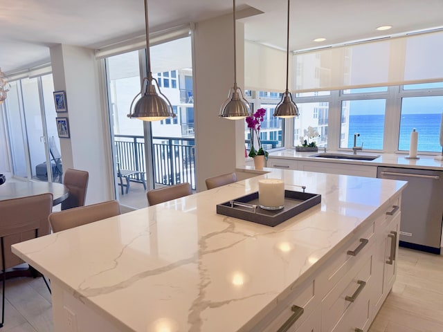 kitchen featuring expansive windows, stainless steel dishwasher, a sink, and a wealth of natural light