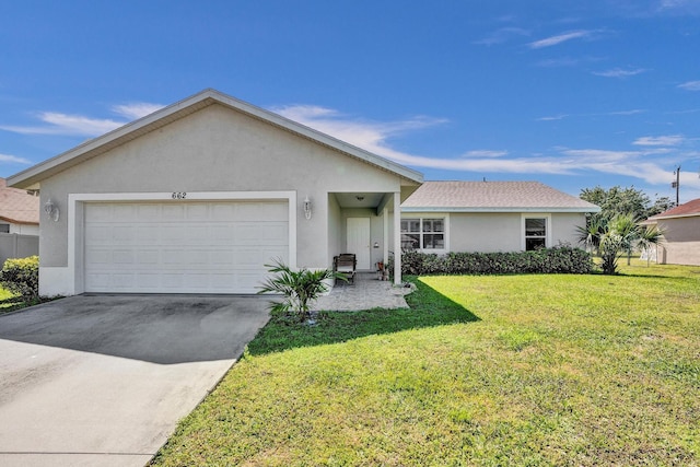 single story home with a front lawn, concrete driveway, roof with shingles, stucco siding, and a garage