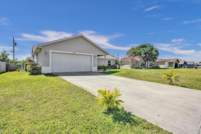 ranch-style house featuring a front lawn, fence, concrete driveway, stucco siding, and an attached garage