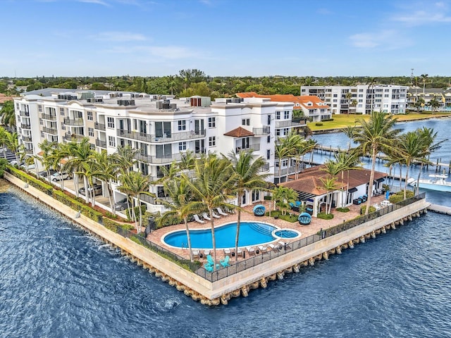 drone / aerial view featuring a water view