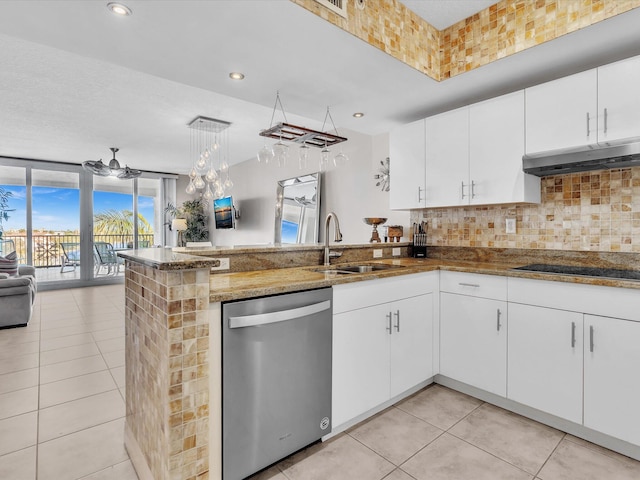 kitchen with under cabinet range hood, open floor plan, dishwasher, a peninsula, and a sink