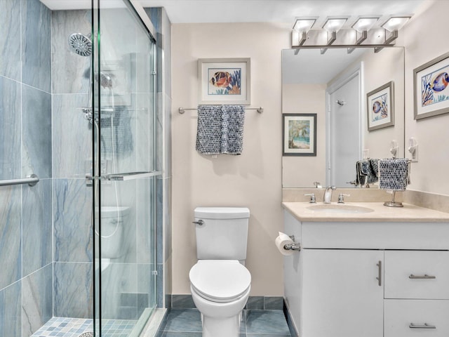 full bath featuring a stall shower, toilet, and vanity