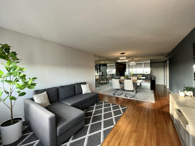 living area featuring a textured ceiling and dark wood-style flooring