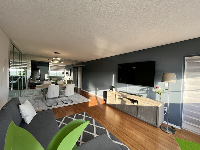 living area featuring a textured ceiling and wood finished floors