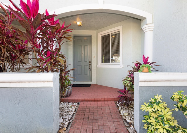 doorway to property featuring covered porch and stucco siding