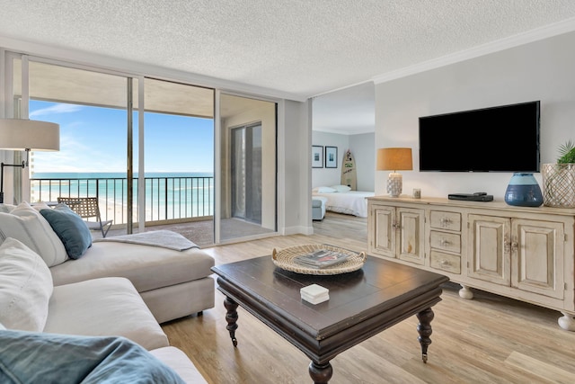 100 Ocean Trail Way Unit 1101, Jupiter, FL 33477 - living area with floor to ceiling windows, a textured ceiling, light wood finished floors, crown molding, and a water view