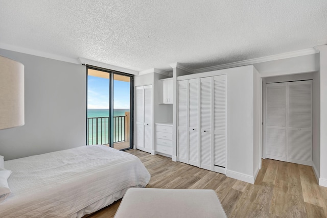 bedroom featuring light wood finished floors, ornamental molding, access to exterior, a wall of windows, and a textured ceiling