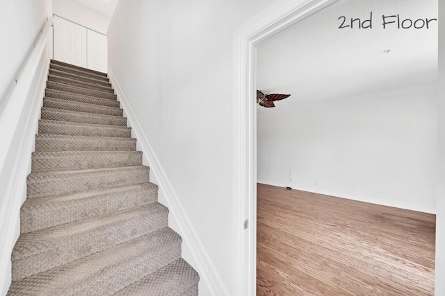 staircase featuring wood finished floors and baseboards