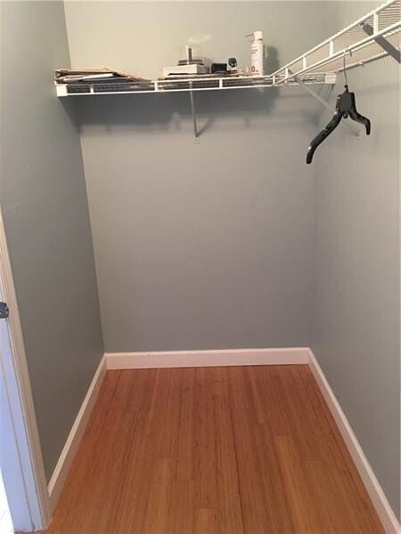 walk in closet with wood finished floors