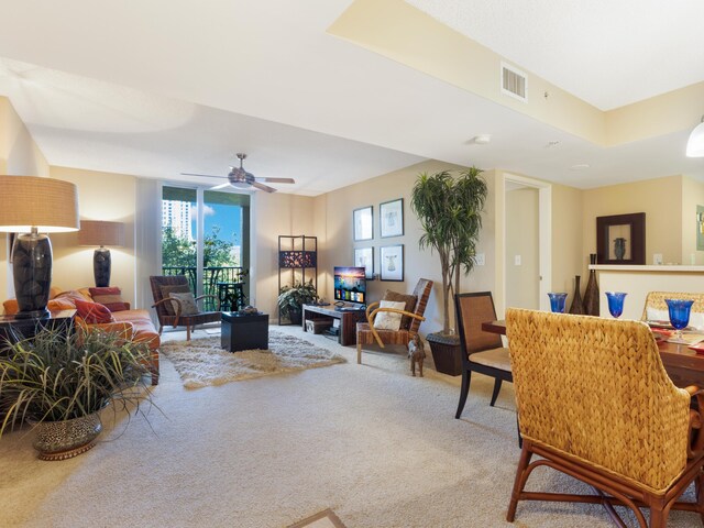 520 SE 5th Ave Unit 2405, Fort Lauderdale, FL 33301 - living area with light colored carpet, visible vents, and ceiling fan