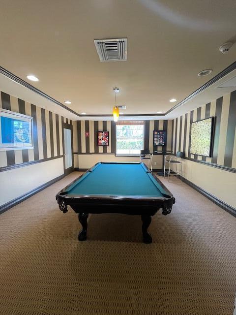 520 SE 5th Ave Unit 2405, Fort Lauderdale, FL 33301 - playroom featuring visible vents, baseboards, wallpapered walls, billiards, and carpet floors