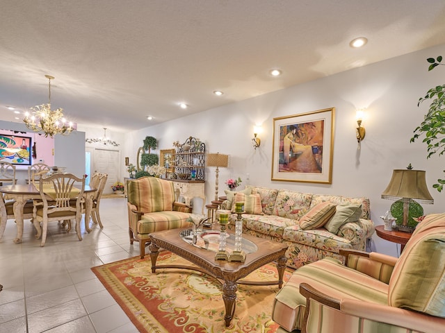 living area with recessed lighting, a notable chandelier, and light tile patterned flooring