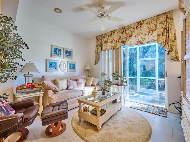 tiled living area featuring ceiling fan