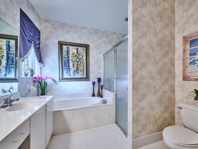 full bath featuring wallpapered walls, toilet, a stall shower, vanity, and a bath