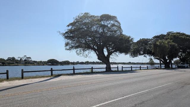 view of street with a water view