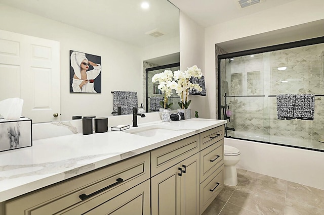 full bath with enclosed tub / shower combo, visible vents, vanity, and toilet