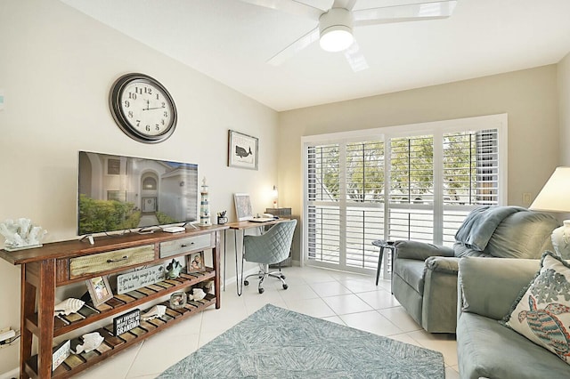 office area featuring light tile patterned floors and a ceiling fan