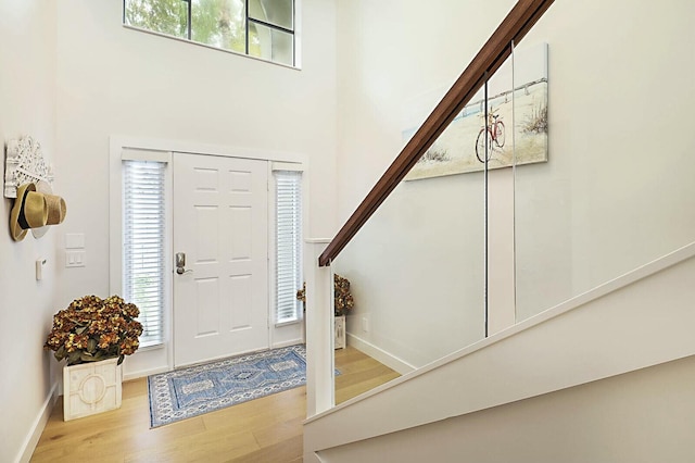 foyer with a high ceiling, wood finished floors, a wealth of natural light, and baseboards