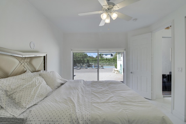 bedroom featuring a ceiling fan and access to outside