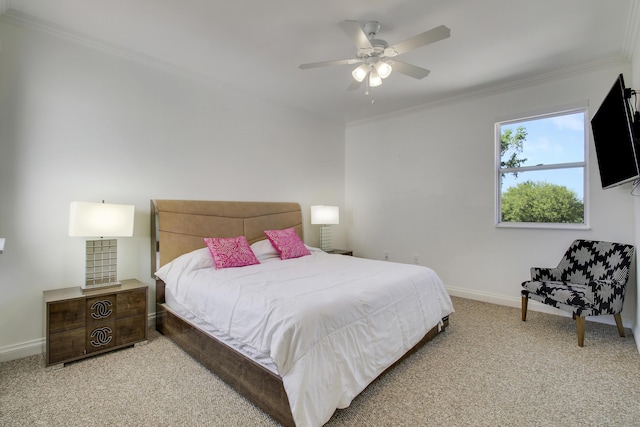 bedroom with light carpet, baseboards, ornamental molding, and ceiling fan