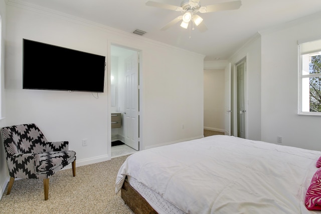 bedroom with baseboards, carpet, visible vents, and crown molding