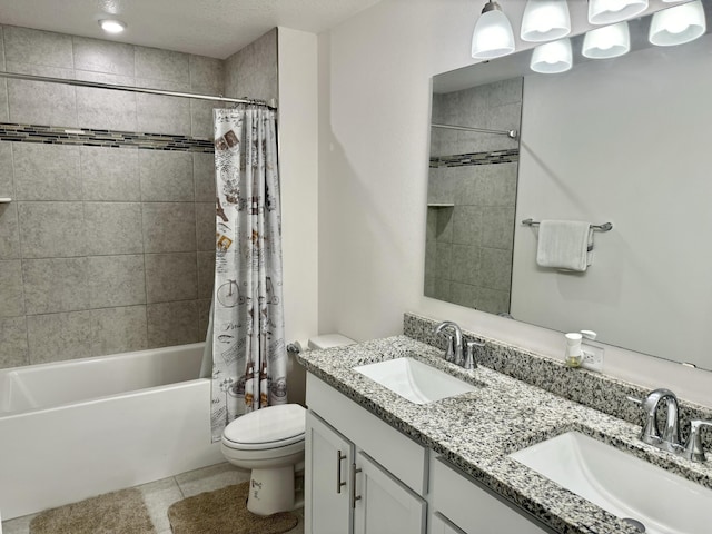 bathroom with toilet, tile patterned flooring, shower / bathtub combination with curtain, and a sink