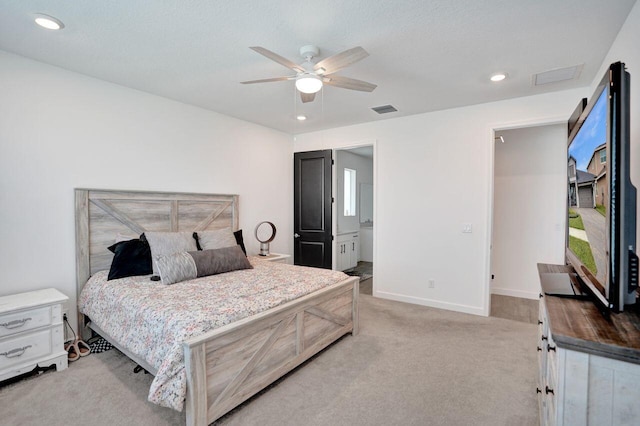 bedroom featuring visible vents, baseboards, light colored carpet, recessed lighting, and a ceiling fan