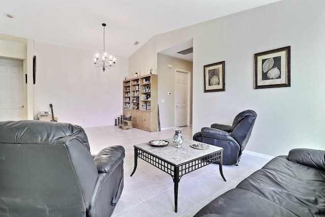 living room with light tile patterned flooring, a notable chandelier, baseboards, and lofted ceiling