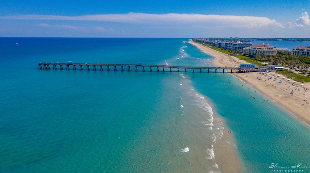 birds eye view of property with a pier, a view of the beach, and a water view