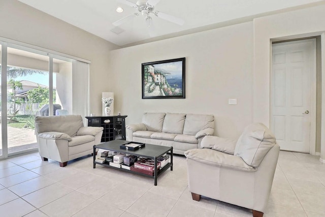 living room with light tile patterned floors and ceiling fan