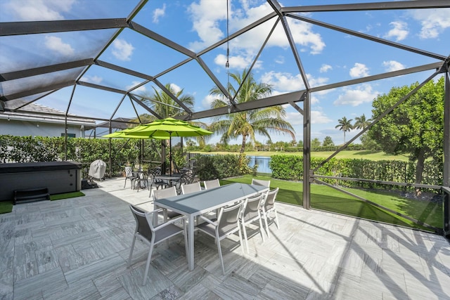 view of patio featuring outdoor dining area, a water view, a lanai, and a hot tub