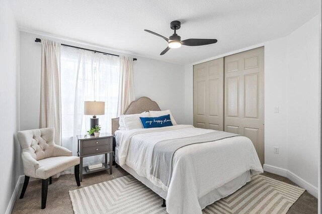 bedroom featuring visible vents, ceiling fan, baseboards, and carpet