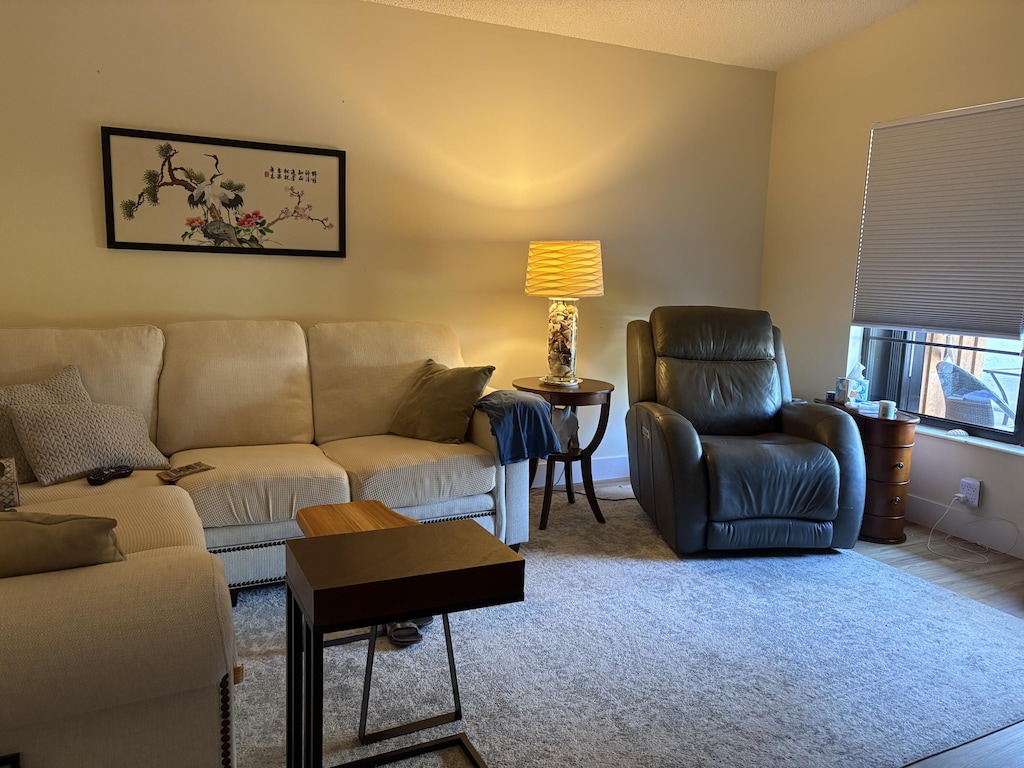 living room with vaulted ceiling and baseboards