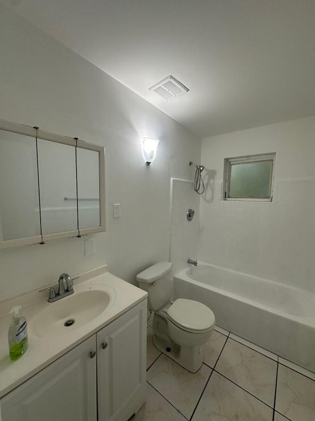 full bathroom with shower / bathtub combination, visible vents, vanity, and toilet