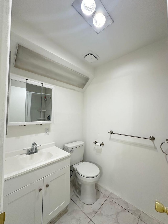 bathroom with curtained shower, toilet, visible vents, vanity, and marble finish floor