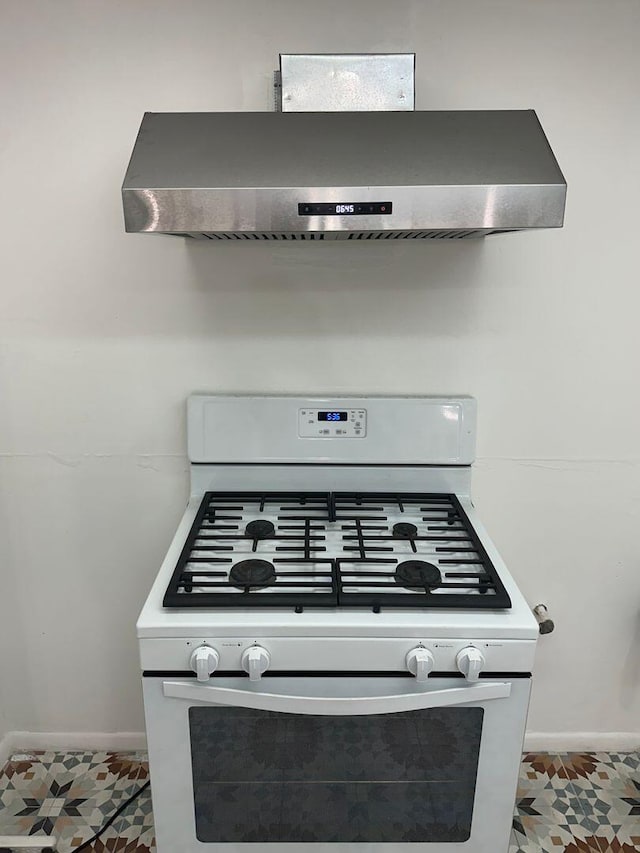 interior details featuring baseboards, gas range gas stove, and exhaust hood