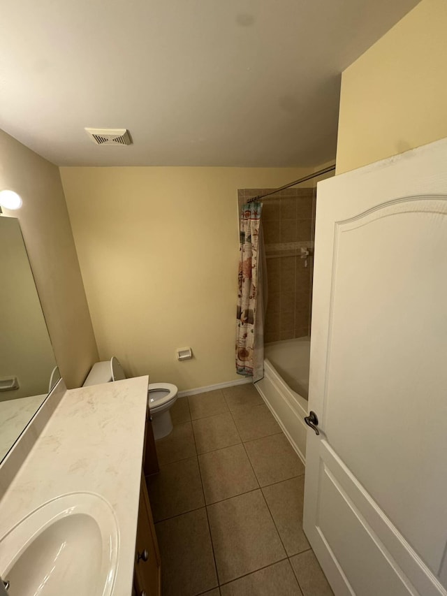 bathroom with visible vents, toilet, tile patterned flooring, shower / bath combination with curtain, and vanity