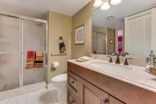 bathroom featuring a stall shower, visible vents, toilet, tile patterned flooring, and vanity