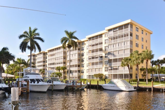 view of building exterior featuring a water view