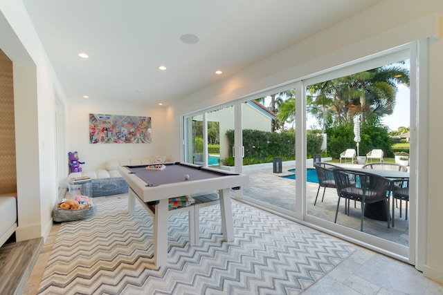 game room with billiards, stone tile floors, and recessed lighting