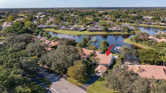 aerial view featuring a residential view and a water view