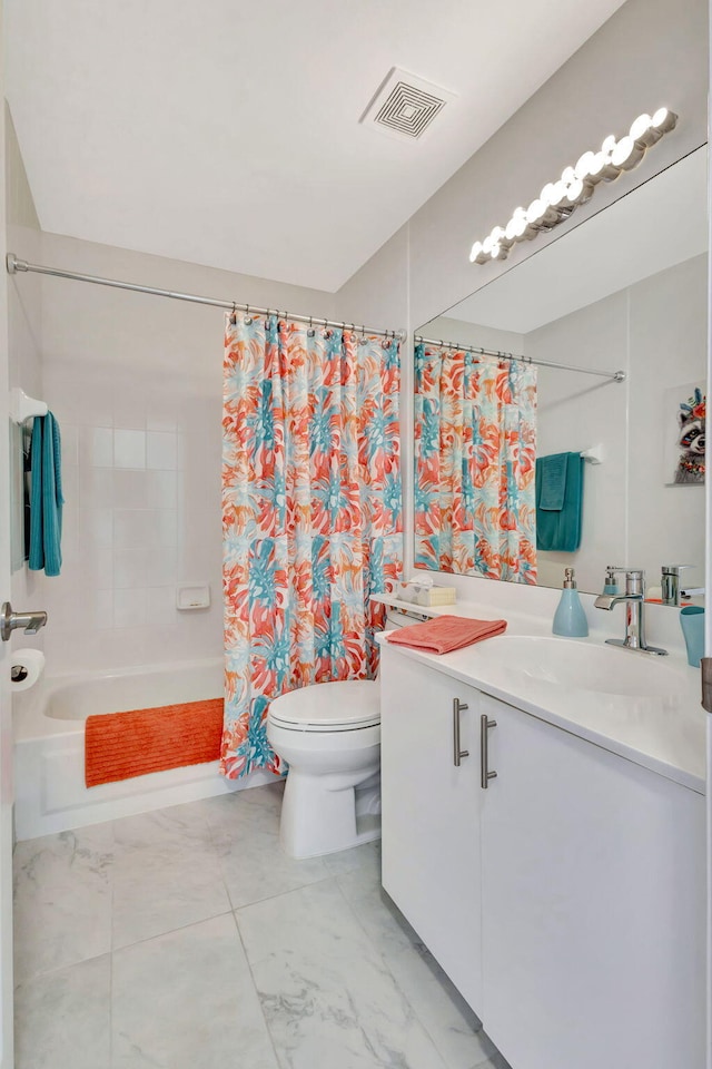 full bathroom featuring vanity, toilet, shower / bath combo, and visible vents